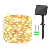 Solar Lichterkette Außen,Gcstnn 1Stück 10M 100 LED Lichterkette KupferDraht Aussen,Speicher mit 8 Modi IP65 Wasserdicht lichterkette Deko für Garten,Bäume,Balkon,Terrasse,Tor,Hof,Weihnachten(Warmweiß)