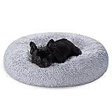 Feandrea Hundebett flauschig, Katzenbett, Donut Kissen, waschbar, Polsterung in der Mitte herausnehmbar, Langer Plüsch, 70 cm Durchmesser, Ombré-Grau PGW039G01