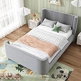 Merax Kinderbett Polsterbett 90x200cm, Einzelbett Bettgestell mit Lattenrost, Hohes Kopf- und Fußteil, süßes Jugendbett mit Kreatives Cartoon-Muster, für Jungen & Mädchen, Samt, ohne Matratze, Grau