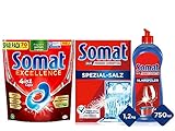 Somat Excellence 4in1 Caps (70 Caps), Reinigung im Eco-Programm & Somat Klarspüler, Extra-Trocken Effekt, Extra-Glanz | 750 ml (1er Pack) & Somat Spezial Salz 1,2Kg