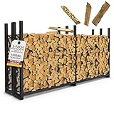 2 Kaminholzregale Metall verzinkt 223 × 115 x 25cm mit 1x 61cm Abdeckplane für aussen – wetterfestes Brennholzregal für ca. 1,8 m³ Holz robustes Holzlager für Garten & Terrasse schwarz (Vierkant)