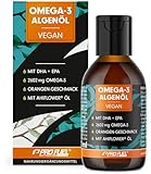 Omega-3 Algenöl 100 ml - hochdosiert mit 3665 mg Algenöl, davon 1203 mg DHA & 667 mg EPA - veganes Omega-3 Öl + Ahiflower® Öl mit angenehmem Orangen-Geschmack - laborgeprüft mit Zertifikat