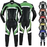 German Wear Motorradkombi Herren 2-teiler Biker Lederkombi aus Kalbsleder - mit alle Protektoren, abmehmbar & waschbar Thermofutter, Verstellbarer Taillengürtel und Reißverschluss-Taschen Grün - 48