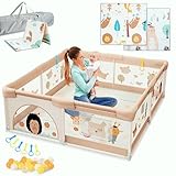 BELLEBEBE - Laufstall Baby - 120x120 cm - Laufgitter Baby mit Matte, 6 Griffen, Tragetasche + 50 Bunte Bälle - Sicher & Werkzeuglos Montierbar - Design Waldtiere