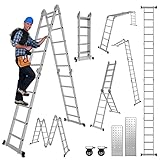 Joparri 4x4 Mehrzweckleiter 470cm 7 in 1 Alu Multifunktionsleiter bis 150 kg mit 2 Transport Rollen und 2 Plattform, Vielzweckleiter Klappleiter Arbeitsleiter Anlegeleiter Steigleiter