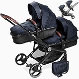 babyGO Kinderwagen 3 in 1 für Zwillinge - Geschwisterkinderwagen/Geschwisterwagen für Babys - Zwillingskinderwagen/Zwillingswagen für 2 Kinder mit viel Zubehör (Grau Anthrazit Melange-ohne Babyschale)