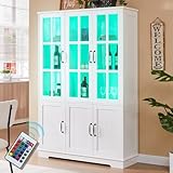 LUXOAK Glasvitrine mit LED Beleuchtung & Retro-Griffen, Vitrinenschrank weiß 180 cm hoch, mit 6 Türen & 8 Einlegeböden, modern für Wohnzimmer & Küche