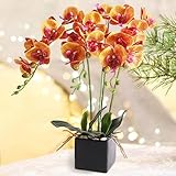 Yobansa echte Berührung gefälschte Orchidee Bonsai künstliche Blumen mit Blumentöpfe Phalaenopsis Blumenarrangements für Home Decoration 1-Topfblume, 40 Zentimeter hoch (Orange)