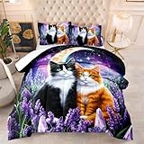 Bettdecke 140X200 Druck 4 Jahreszeiten Bettdecken,Quilted Steppbettdecke 200Gsm Mikrofaser Füllung Steppdecke Bettdecke Waschbar Antiallergisch Decke Mit 2 Kissenbezügelavendelkatze