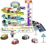 Parkgarage für Kinder, techextra Parkhaus kinderspielzeug ab 3. Jahre, Autogarage Spielzeug Set mit 4 Auto und Musik, Spielzeugauto als Geschenk für Jungen und Mädchen