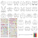 COLOFALLA 24 Stück Masken zum Ausmalen für Kinder Tiermaske zum Bemalen Papiermaske 4 Blatt 588pcs Strasssteine Selbstklebend Geschenk Mitgebsel für Halloween Weihnachten Geburtstag Mottoparty (B)