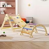 BanaSuper 3 IN 1 Kinder Regenbogen Kletterdreieck mit Rampe Waldorf Wippe Set Kleinkind Holzklettergerüst Wippe Kletterbogen Montessori Spielzeug für Kinder