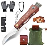XHYASD Pilzmesser mit Bürste, Tragbar Pilzsammler Set, Edelstahl Klapp Pilzmesser für Den Außenbereich mit Handschuhe Pilztasche Scheide Schleifstein Kompass und Karabiner