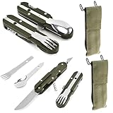 2 Stück Outdoor Bundeswehr Besteck Edelstahl Campingbesteck Essbesteck, 5 in 1 Folding Cutlery Camping Set, Besteckset mit Abnehmbarer Gabel,Löffel,Messer,Flaschenöffner und Oxford Tasche für Camping