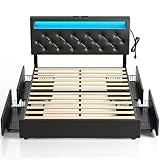 Rolanstar Bettrahmen in voller Größe mit LED-Lichtern und USB-Anschlüssen, gepolstertes Kunstlederbett mit verstellbarem Kopfteil und 4 Schubladen, kein Boxspringbett erforderlich, einfache Montage