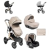 Kikkaboo Kombikinderwagen Irene 3 in 1 Babywanne Autositz Adapter Wickeltasche, Farbe:beige braun