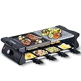CUSIMAX Raclette Grill für 8 Personen Steinplatte und Grillplatte Antihaftbeschichtung, mit Mini-Käsepfanne für Indoor Grillgut, Stufenlos einstellbare Temperatur, 1200W, Schwar