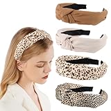 Deepton 4 Stück Haarreifen Damen, Leopardenmuster Haarreifen, Stirnbänder für Damen, Haarreifen Geflochten, Stoff Haarbänder, Breites Knoten-Haarband, Rutschfestes Stirnband für Damen, Mädchen