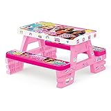Dolu Kindersitzgruppe bestehend aus 1x Kindertisch und 2X Kinderbank | Sitzgruppe für Kinder ab 2 Jahre | farbenfroher Kinder Picknicktisch | offizielles Barbie Lizenzprodukt