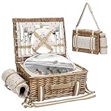 Picknickkorb für 2 Personen mit Decke – Picknickkorb aus Weide mit Gurt, Weintasche, Picknick-Set aus Weide für 2 Personen mit isoliertem Kühler, Weidenkorb mit Besteck-Set, Beige