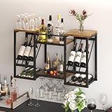 WUDLEP Wand-Weinregal, 3-Tier-Wand-Weinregal, schwebende Regal mit Weinglas und Flaschenhalter, Display Lagerung Regal, für Esszimmer, Küche, Wohnzimmer, rustikal braun und schwarz