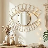 MIJOMA Wandspiegel Auge Goldfarben – Dekospiegel aus Metall 50 x 35 cm Boho-Design mit Aufhänger – Wanddeko Spiegel für Flur & Schlafzimmer Vintage-Stil Eisen flach & leicht