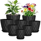 WSMKSZ 8er Set Blumentöpfe, 20/17,6/16,3/15/13,8/12,7/11,2/10,2 cm Dick Kunststoff Pflanztöpfe mit Abflusslöchern und Untersetzer, 3D-Wellentextur Blumentopf für Innen & Außen, Schwarz