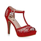 stiefelparadies Damen Pumps Plateausandaletten Spitze T-Strap Sandaletten Party Schuhe 111305 Rot 40 Flandell