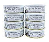 Pfälzer Wurst Dosenwurst Paket Geschenkset im Netz - 8 verschiedene Dosen z.B: Leberwurst, Bratwurst, Eisbein, Saumagen, Blutwurst, Winzervesper, Schwartenmagen, Schinkenwurst (8x200g)