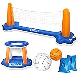 QPAU Aufblasbares Pool-Float-Set, Aufblasbares Volleyballnetz mit Basketball Schwimmreifen, 2 Bälle, Poolzubehör Schwimmbadspielzeug für Erwachsene und Kinder