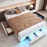 Gxffipw Doppelbett Bettgestell 140x200 cm mit Schubladen und LED-Lichtleiste, PU-Leder Bett Ohne Kopfteil mit Stauraum, Jugendbett Stauraumbett Bettrahmen mit Metalllatten, Beige, Ohne Matratze