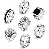 JeweBella 7 Stück Ringe Herren Edelstahl Ringe Silber Matt Poliert Keltischer Knoten Vintage Ringe Schwarz Siegelring Herren Gravur Gothic Biker Ringe Set für Herren Männer