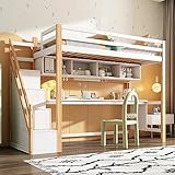 ZYLOYAL10 Kinderhochbett Hochbett mit Bücherregal und Stauraumtreppe für Kinder, Kinderbett mit Schreibtisch, inklusive Lattenrost, 90x200cm, Bettgestell, Jugendbett Spielbett