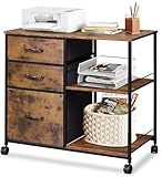 DEVAISE Rollcontainer mit 3 Schubladen und offenen Ablagen, Mobiler Aktenschrank mit Rollen, Druckertisch für DIN A4/Legal/Letter, Schubladenschrank für Büro und Home Office, Retro Braun