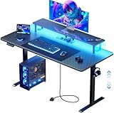 HLONONE Gaming Tisch mit LED, Höhenverstellbarer Schreibtisch 120 x 60 cm, Höhenverstellbar Elektrisch mit Steckdosen und Monitorständer, Steh-Sitz Tisch mit 3-Funktions-Memory, Schwarz