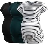 Smallshow Damen Umstandsmode Tops Seitlich Geraffte Schwangerschafts Umstandstop 3er Pack Black-Deep Green-White Stripe L