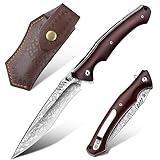 Japaknives Damast Klappmesser, VG10 Damaststahl Outdoor Taschenmesser, Damastmesser Jagdmesser mit Holzgriff, Survival Messer für Abenteuer, Trekking, Angeln Geschenk für Männer