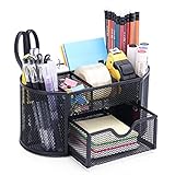 Schreibtisch Organizer, Mesh Metall Büro-Organizer mit Schublade und Stifthalter, 9 Sortierfächer für Stifte, Hefter, Ordnerklammern, Haftnotizen, Platzsparendes Desk Organizer