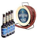 Arschlecken 350 Wursttrommel Bierset, 3,5m lange, scharfe Snackwurst (240g) & 4 Flaschen Bier á 0,33l