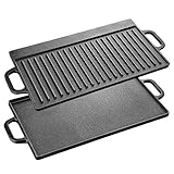 Velaze Gussplatte mit Griffen, Gusseisen Grillplatte Doppelseitig Verwendbar, Hochwertige Gusseisenplatte für Gasgrill und Elektrogrill, Grillpfanne für BBQ, Camping, Garten - 42 x 23cm