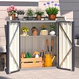 YODOLLA Gartenschrank Wasserdichter mit Pflanztisch, 97x34x93cm Arbeitsplatte mit verstellbaren Regalen, Metallschuppen für den Außenbereich, Gartengeräte und Pflanzen, grau