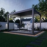 Pavillon Pergola 3x4m Terassenüberdachung freistehend mit Lamellendach elektr. verstellbar Gartenpavillon mit LED Hardtop wasserdicht stabil Winterfest Aluminium Weide Deluxe Fernbedienung Anthrazit