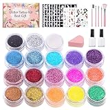 Glitzer Tattoo Set Kinder Mädchen Glitzertattoos mit 18 Farben Glitzerpulver 115 Schablonen 2 Kleber 5 Pinsel Wasserdichte Tattoos Geschenk für Partys Geburtstag Halloween Ostern Weihnachten