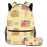 Allenada Freizeit Campus Reiserucksäcke mit Federmäppchen Cupcakes Spritzer Gelb gestreifte Taschen mit Flaschenhalter für Mädchen Jungen