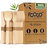 FOOGO Green 75-teiliges Einweg-Holzbesteck-Set, 50x Gabeln, 50x Löffel, 50x Messer, 16 cm, biologisch abbaubar, kompostierbar, umweltfreundliches Besteckset, Party-Picknick