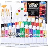 Aottom 33 Stück Leinwand Acrylfarben Set, 24 *Tube Acrylfarben mit 5 *Pinselset +2*Leinwand +1*Mischpalette +1*Mischmesser Acryl Farben für Steine,Papier,Holz, für Künstler,Anfänger