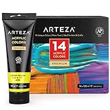 ARTEZA Acrylfarben, Set mit 14 Farbtuben, 120 ml Acrylfarbe pro Tube, Künstler Farben für Leinwand, Steine, Holz, Künstlerbedarf für Acrylmalerei