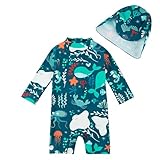 upandfast Baby Jungen Badeanzug mit Sonnenhut UPF 50+ Einteiliger Reißverschluss Kleinkind Badeanzug(Grün Wal,12-18 Monate)