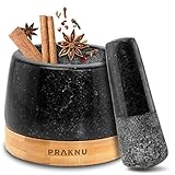 Praknu Mörser aus Granit klein mit Stößel - Für ein feines Mahlergebnis - Mit Untersetzer aus nachhaltigem FSC® Holz - Leicht zu Reinigen