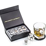 Exklusives Edelstahl Whisky Steine Geschenkset – Hohe Kühltechnologie - 8 Whisky Eiswürfel Wiederverwendbar - Edelstahl Eiswürfel - Besondere Geschenke für Männer - Edelstahl Kühlstein von Amerigo